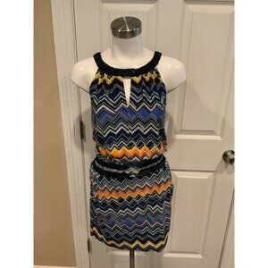 BCBG Max Azria Multicolor Zig Zag Mini Dress W/Elastic Waist & Pockets, Size XXS